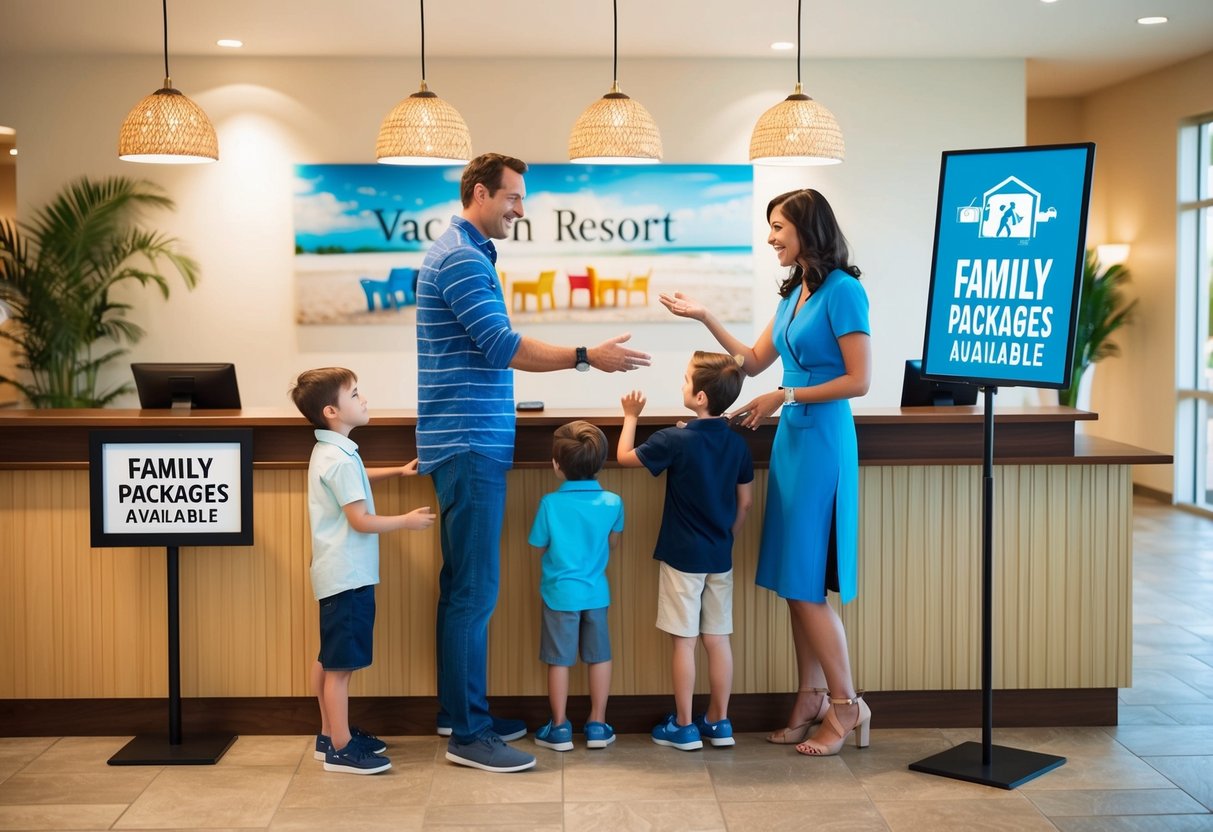 A family of four stands at a vacation resort reception desk, gesturing and talking to the receptionist. A sign nearby advertises "Family Packages Available."