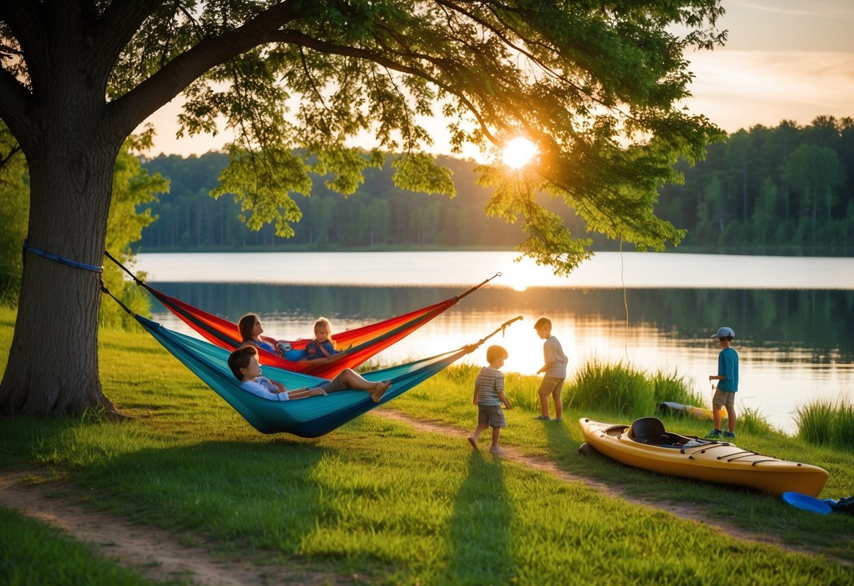 A family lounges in hammocks under a shady tree, while children explore a nearby forest trail. The sun sets over a tranquil lake, with a kayak and fishing gear nearby