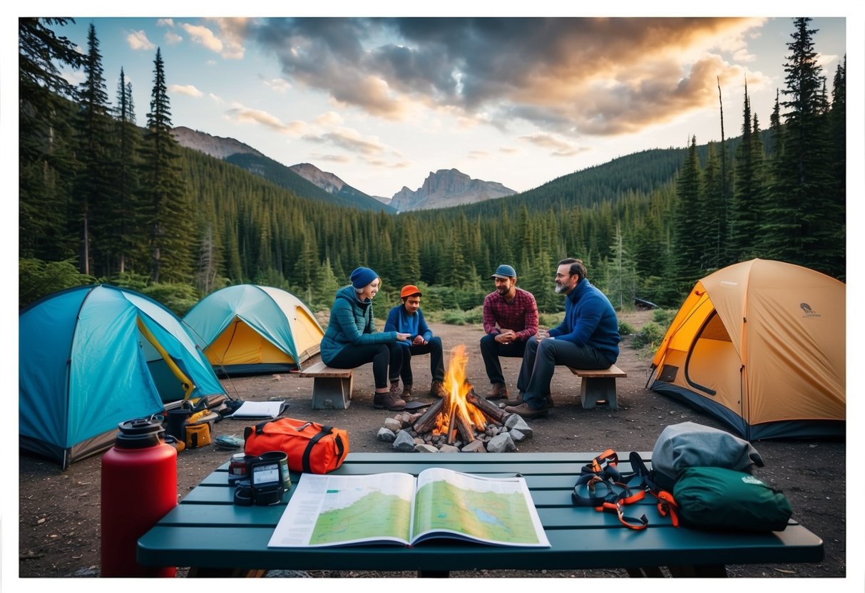 A family sits around a campfire, surrounded by a forest and mountains. Tents and hiking gear are scattered nearby, while a map and guidebook lay open on a picnic table