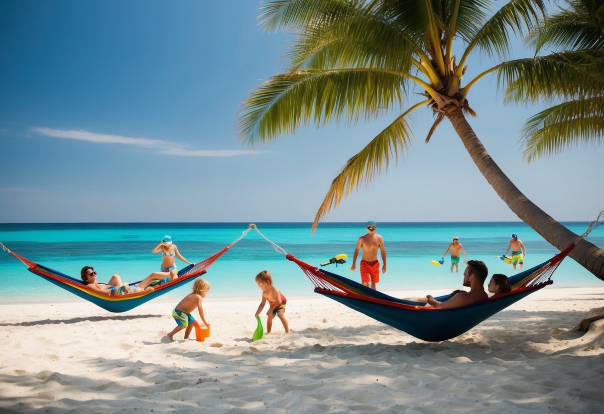 A family lounging in hammocks under palm trees, while children play in the sand and adults snorkel in the clear blue water