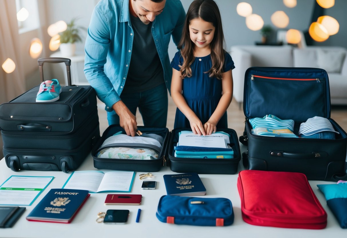 A family packing suitcases with passports, travel documents, and children's essentials laid out on a table