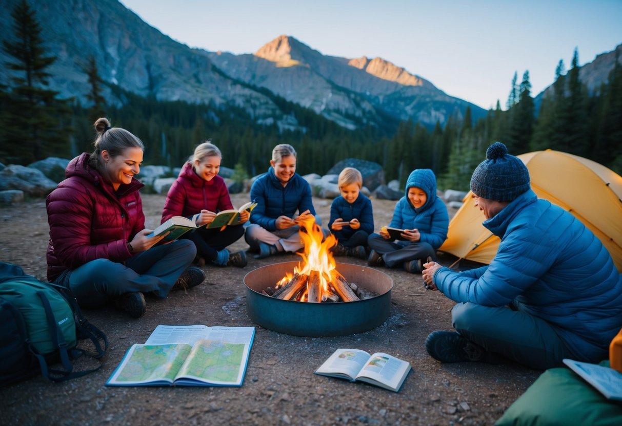 A family sits around a campfire, some relaxing with books and games, while others gear up for a hike. A map and guidebook lay nearby