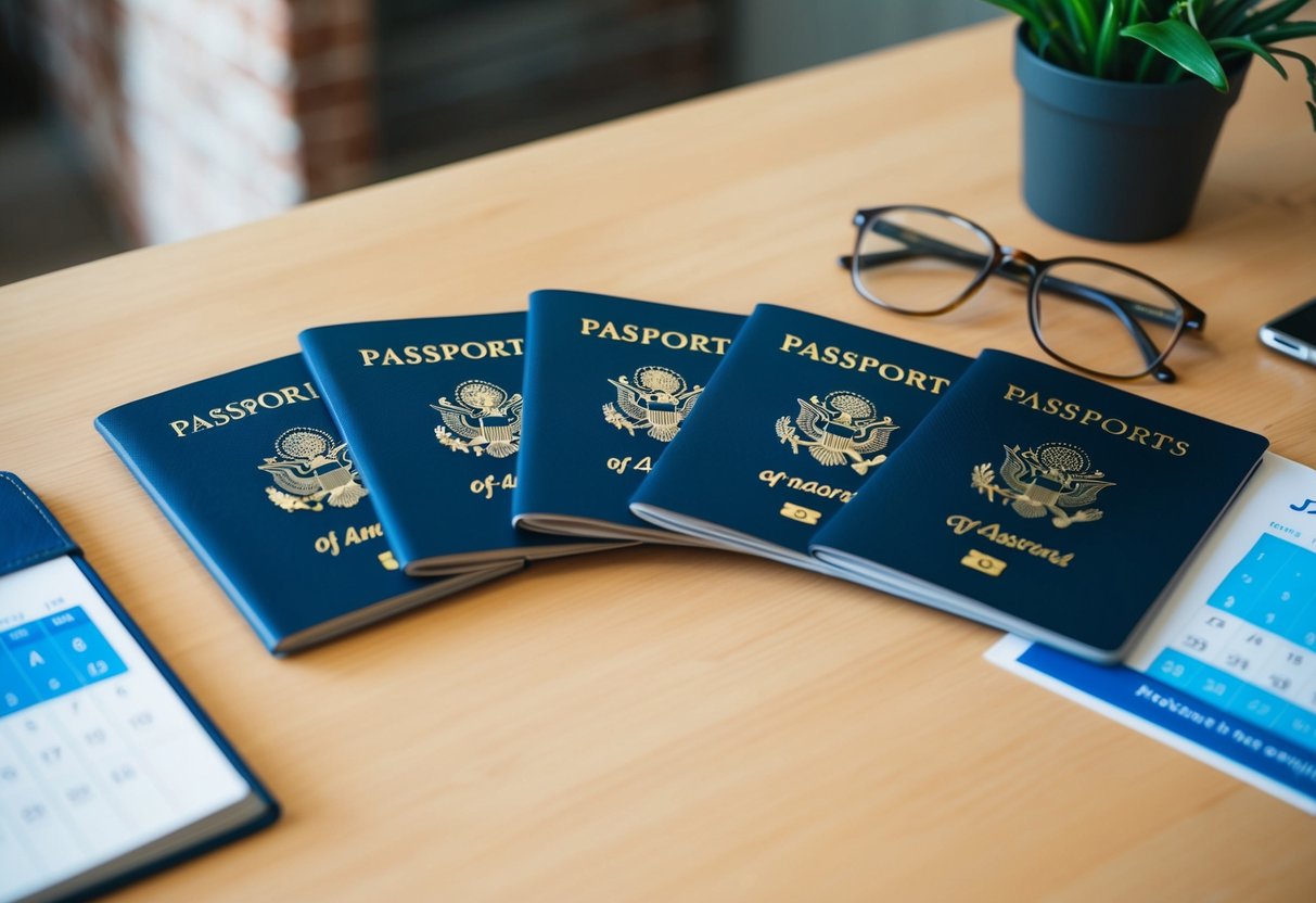 A family's passports laid out on a table, with a calendar and travel documents nearby