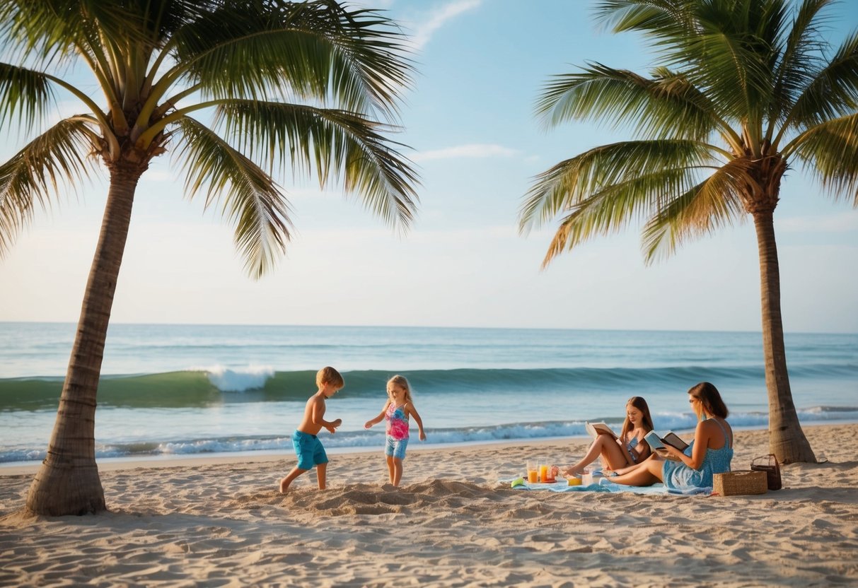 A serene beach with gentle waves, palm trees, and children playing in the sand, while parents relax nearby with a book and a picnic