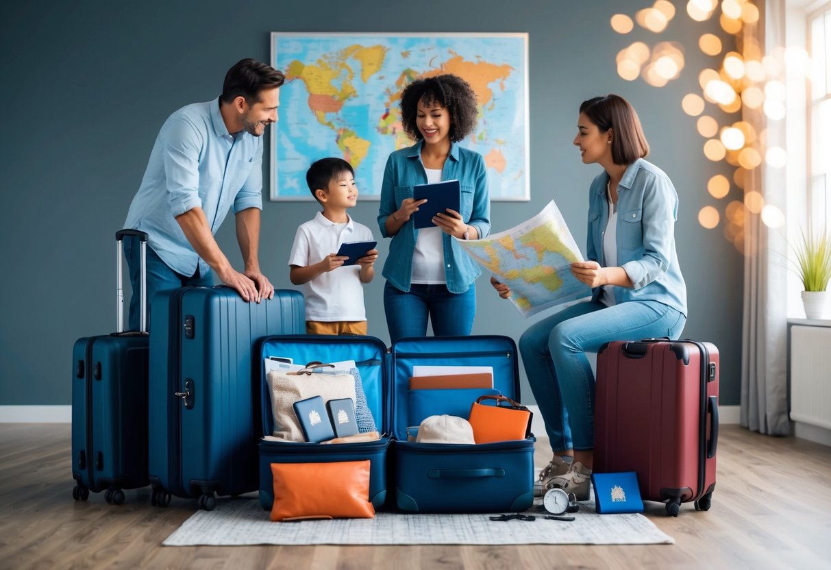 A family packing suitcases with travel essentials, passports, and a map while discussing travel insurance and safety preparations