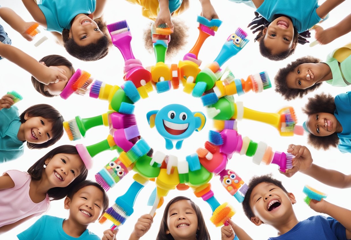 A group of preschoolers brushing their teeth together in a circle, surrounded by colorful toothbrushes, toothpaste, and a smiling cartoon tooth