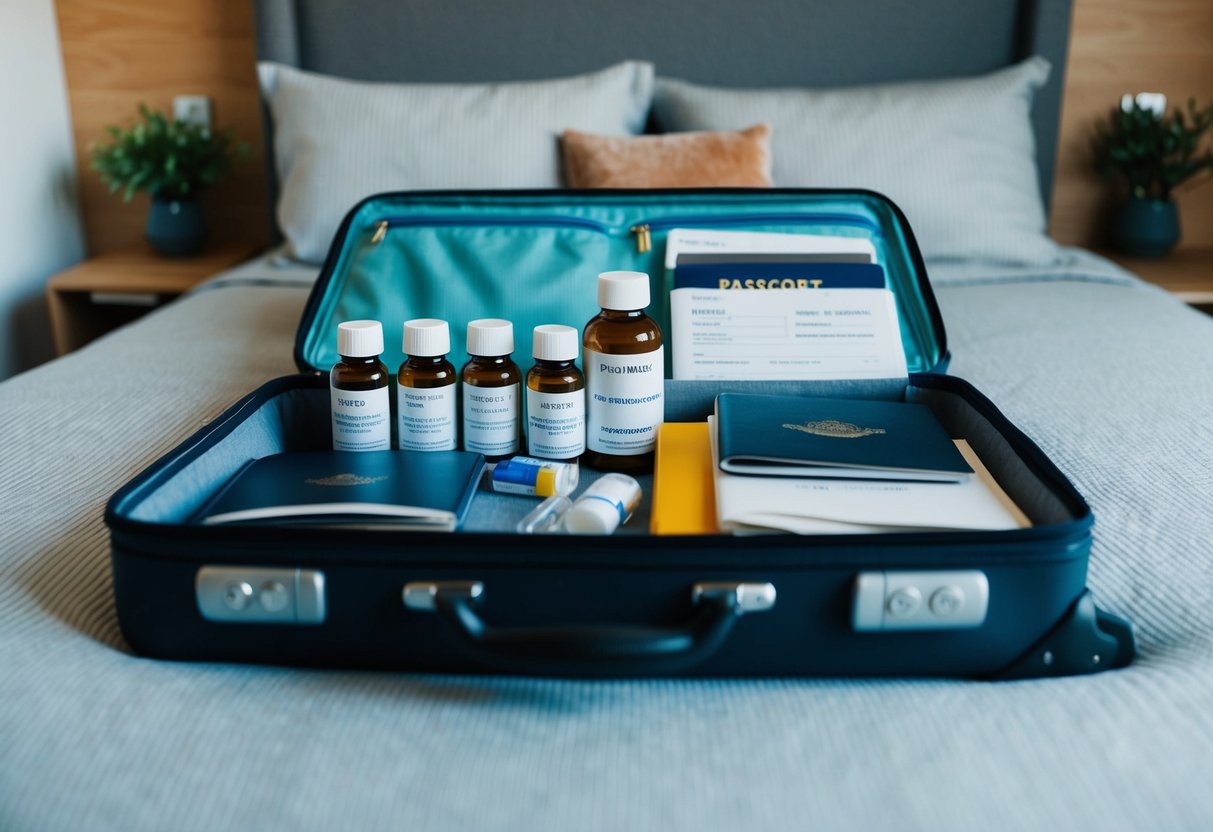 A suitcase open on a bed, filled with labeled bottles of medication, a passport, and travel documents