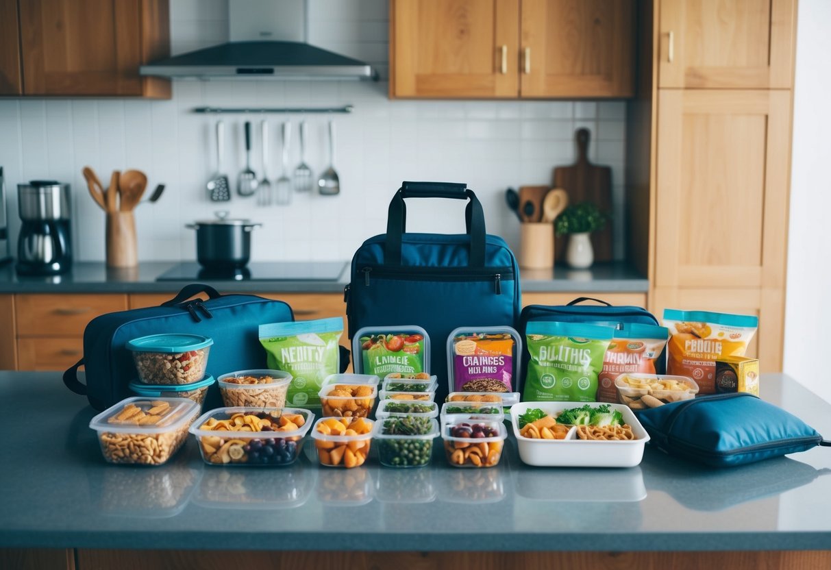 A kitchen counter with a variety of healthy snacks and pre-made meals neatly arranged in containers and bags, ready to be packed for a family trip abroad