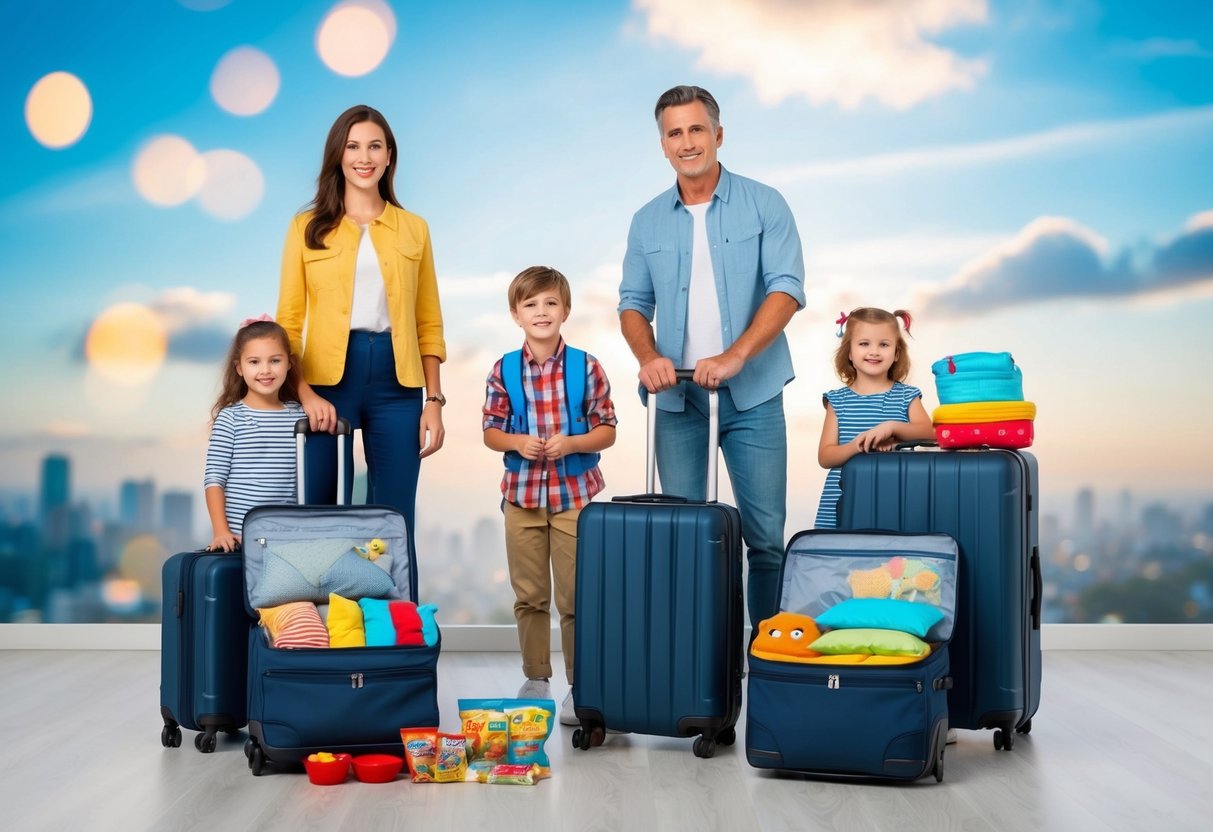 A family standing by suitcases, packing light for travel with kids. Clothing, toys, and snacks are organized in compact, efficient ways