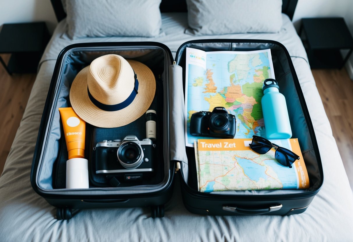 A suitcase open on a bed, filled with sunscreen, hats, sunglasses, a camera, a map, a water bottle, and a travel guidebook