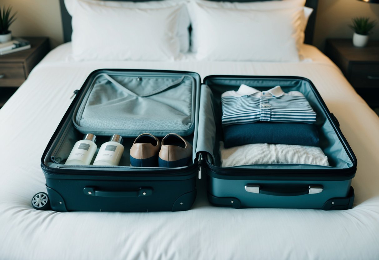 A suitcase open with neatly folded clothing, a pair of shoes, and travel-sized toiletries laid out on a bed