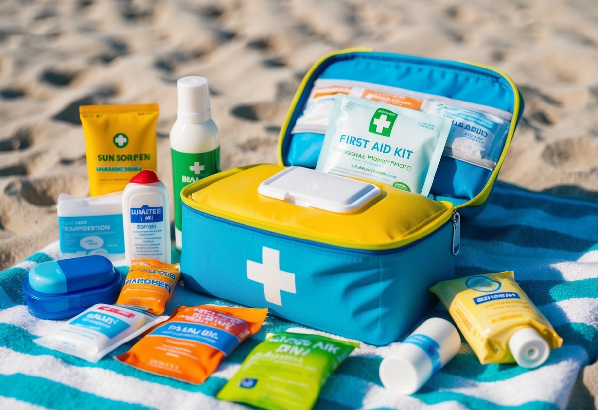 A colorful first aid kit open on a beach towel, surrounded by sunscreen, bandages, antiseptic wipes, and other essential items for a family vacation