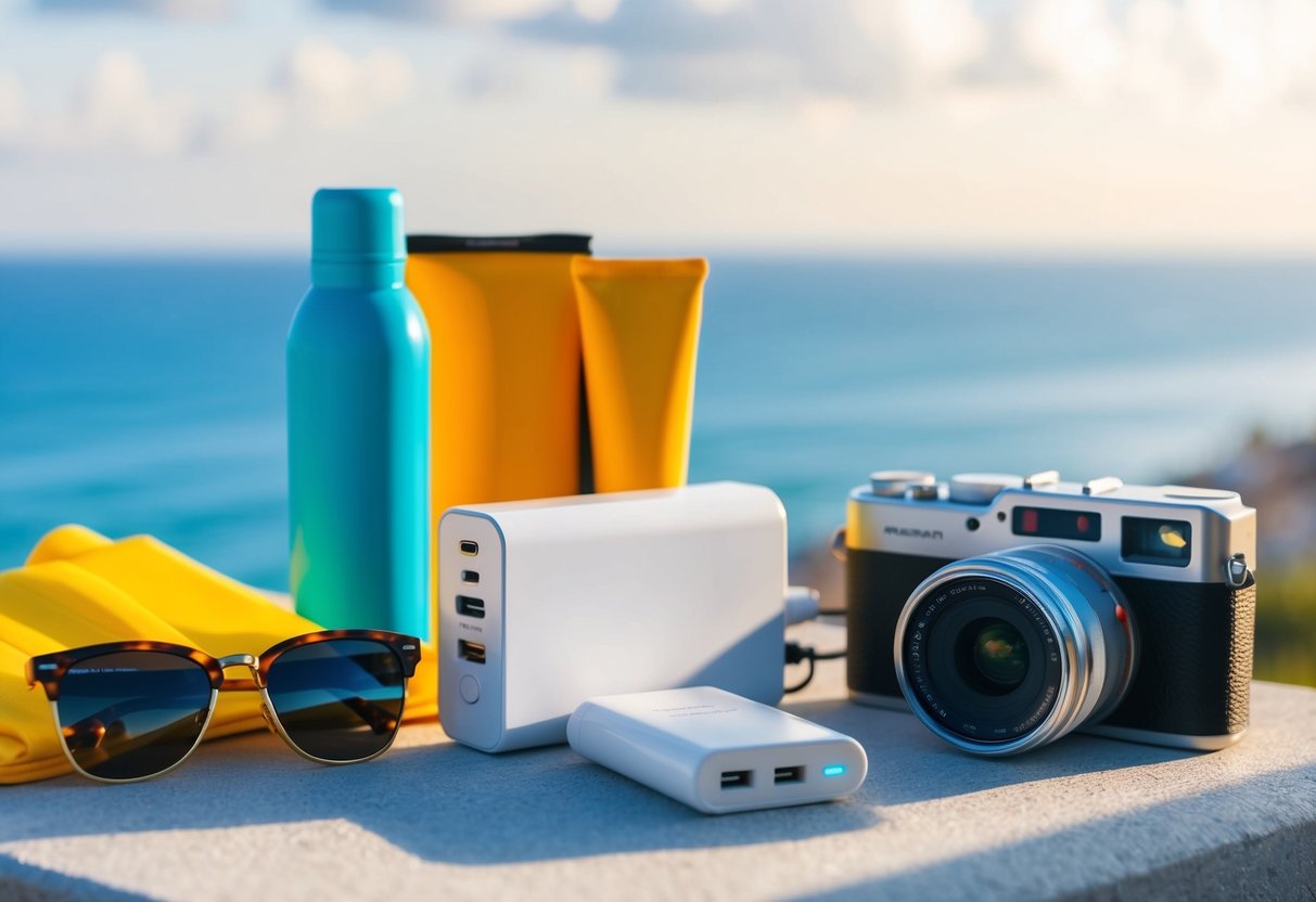 A family vacation scene with a portable charger among essential items like sunscreen, sunglasses, and a camera