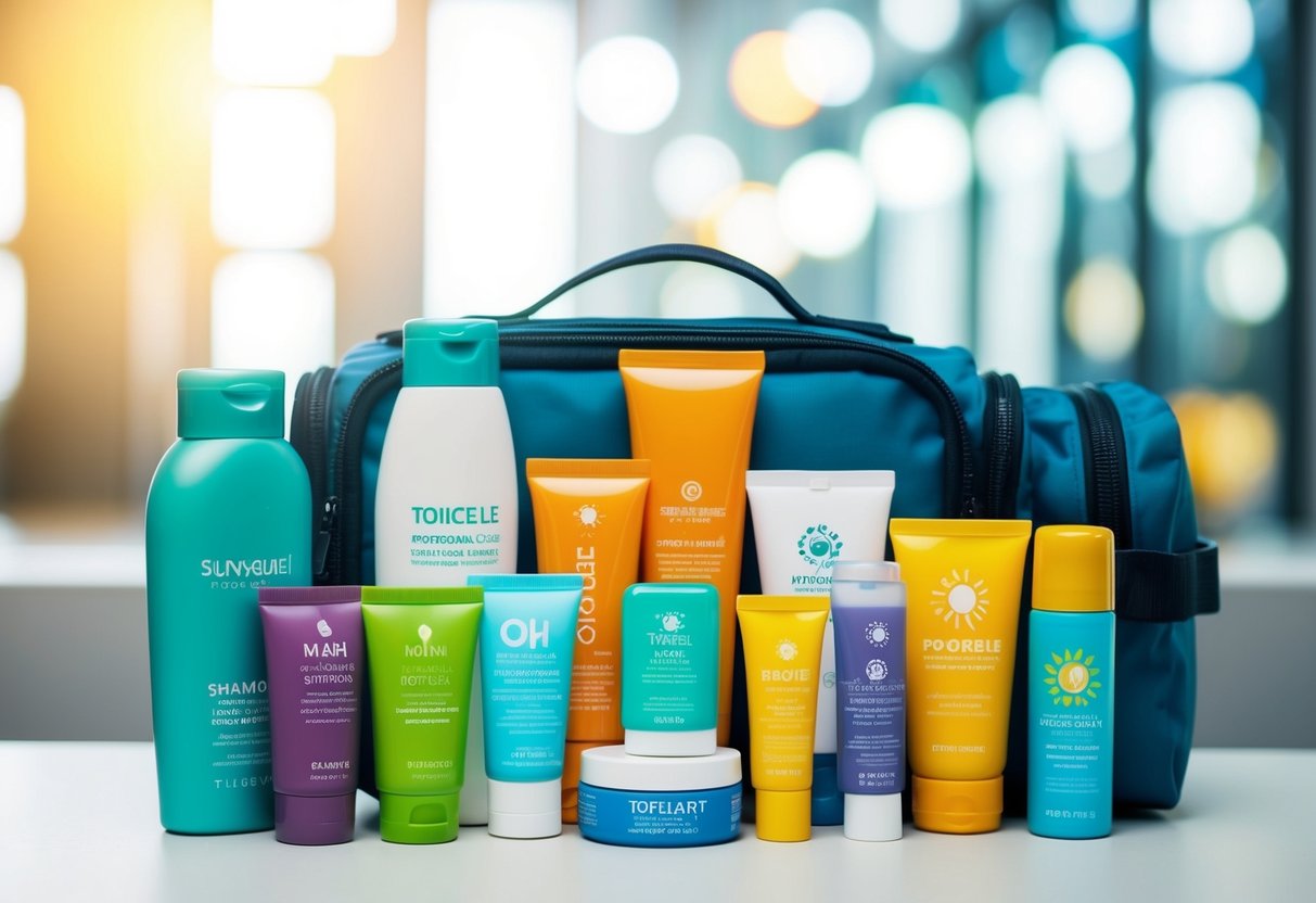 A colorful array of travel-sized toiletries arranged neatly in a compact bag, including shampoo, conditioner, toothpaste, sunscreen, and more