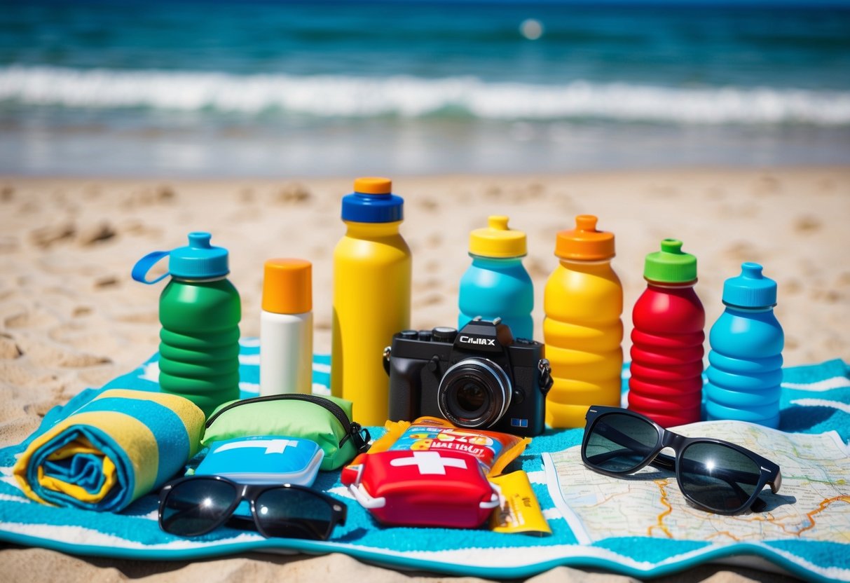 A family vacation scene with collapsible water bottles, sunscreen, snacks, camera, map, first aid kit, and sunglasses laid out on a beach towel