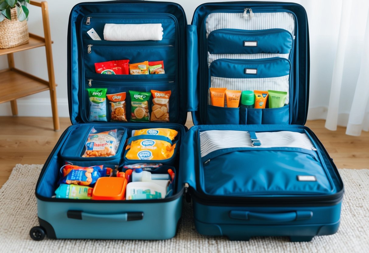 A family suitcase open with neatly packed items, including travel-sized toiletries, snacks, and organized compartments for kids' essentials