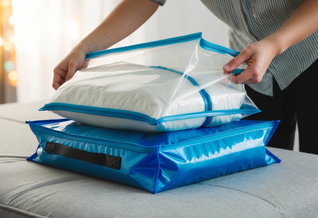 Each outfit being placed into a sealed plastic bag, ready for travel