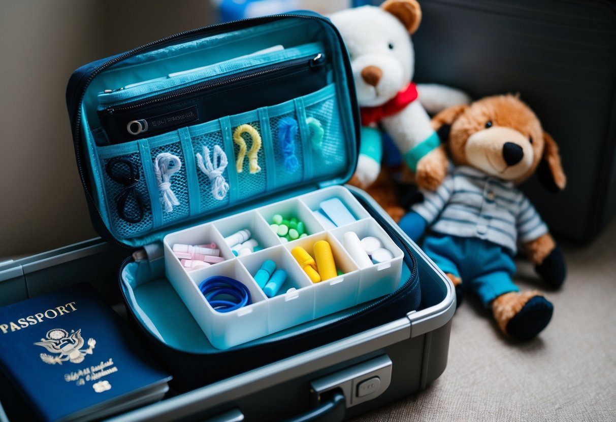 A pill organizer open, filled with small items such as hair ties, earplugs, and band-aids, sitting on a suitcase next to a child's stuffed animal and a passport