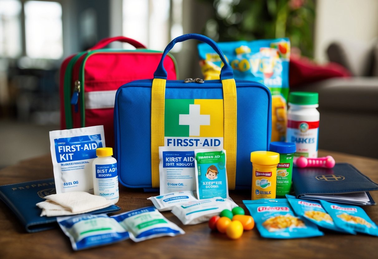 A colorful first-aid kit with bandages, wipes, and children's medicine, surrounded by travel essentials like passports, snacks, and toys