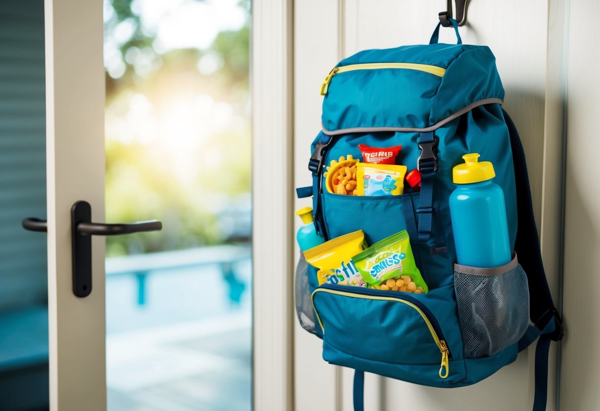 A backpack filled with travel essentials, including toys and snacks, hangs on a hook by the door, ready for a family adventure