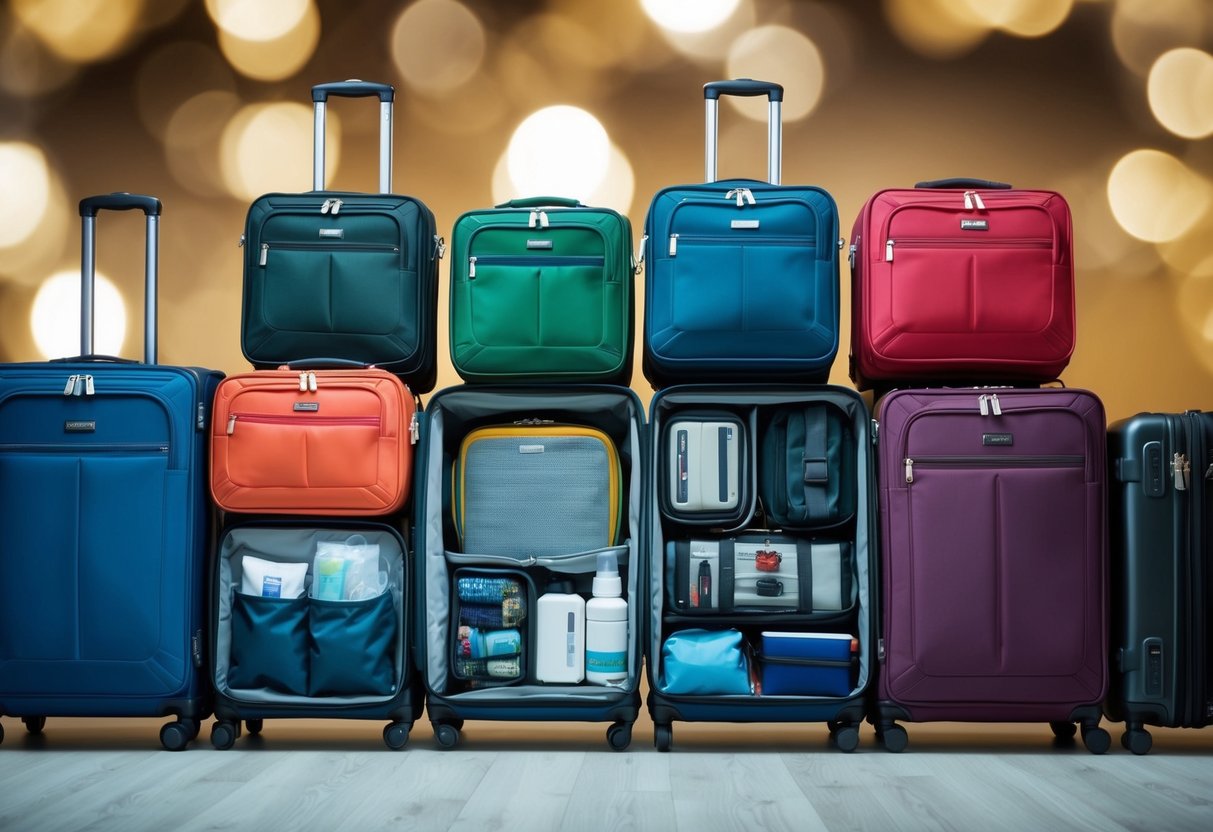 A family's luggage neatly arranged in a row, with each bag labeled and organized by size and color. Smaller items such as toiletries and electronics are packed in separate compartments within the larger suitcases