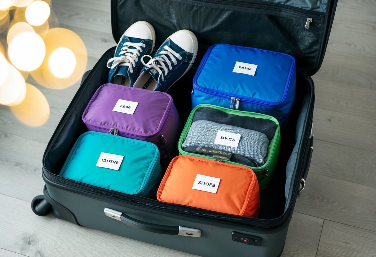 Colorful packing cubes neatly arranged in a suitcase, each labeled for specific items. Clothes, shoes, and toiletries are organized with precision