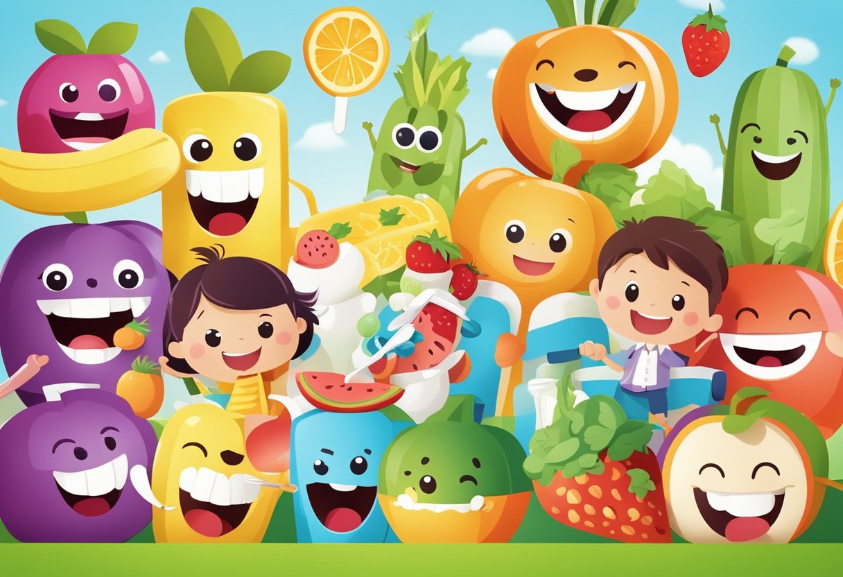 A group of happy preschoolers eating colorful fruits and vegetables while a toothbrush, toothpaste, and smiling tooth characters decorate the background