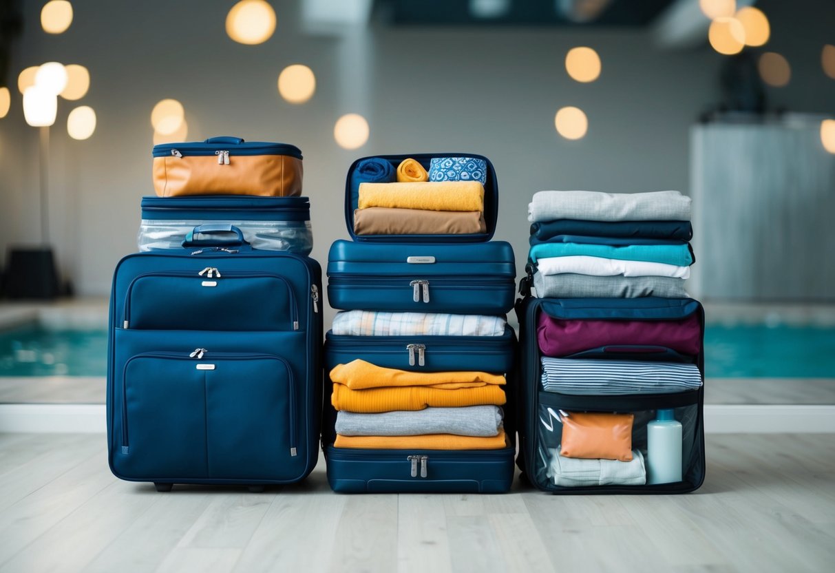 A family's luggage neatly organized with clothes, toiletries, and travel essentials packed efficiently in suitcases and bags