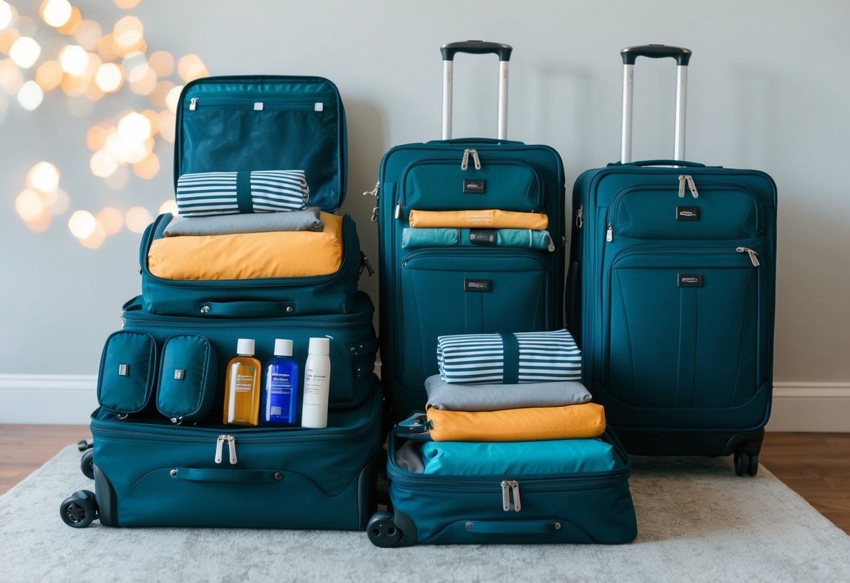 A family's suitcases neatly packed with rolled clothes, travel-sized toiletries, and compact organizers. Compression bags and packing cubes maximize space