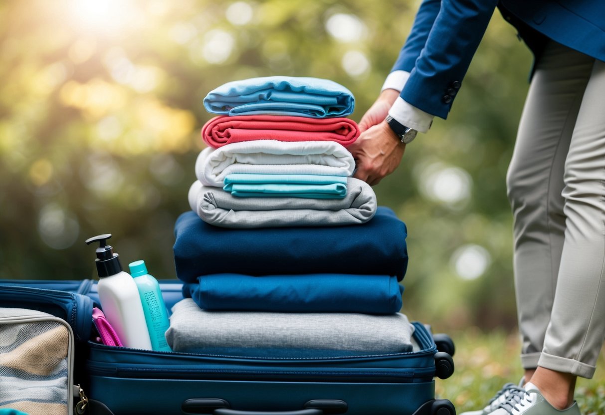 Clothes being rolled tightly and stacked in a suitcase, surrounded by other travel items like toiletries and shoes