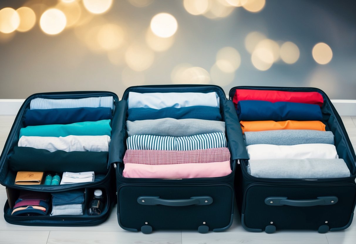 Clothes rolled neatly in open suitcases, organized by type and color. Accessories and toiletries placed in separate compartments