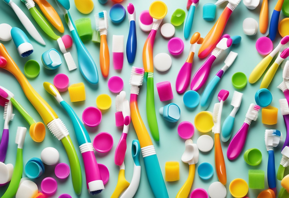 A group of colorful toothbrushes, toothpaste, and smiling cartoon teeth arranged on a bright, cheerful background