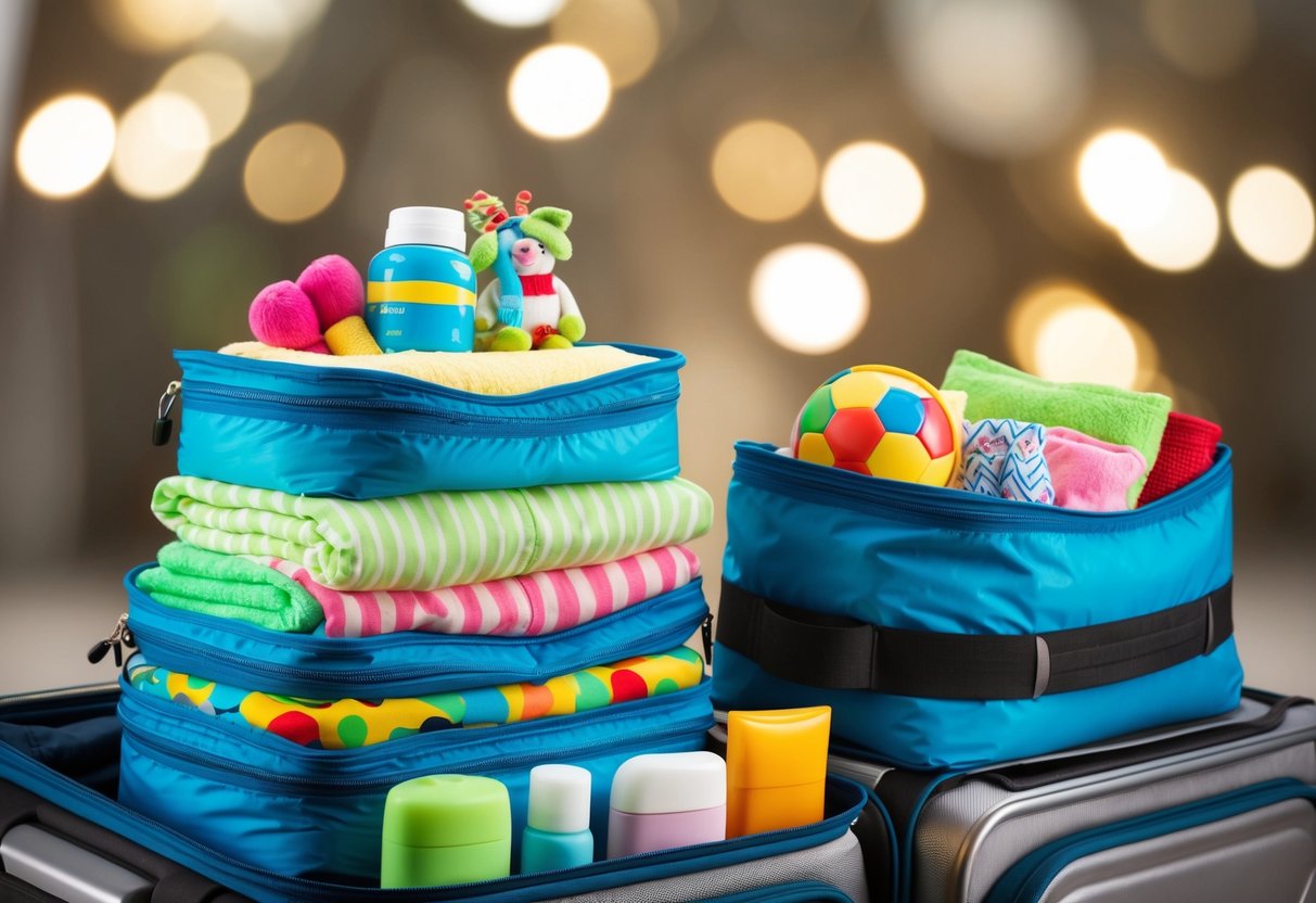 Compression bags filled with neatly folded clothes, toys, and toiletries arranged in a suitcase, surrounded by other travel essentials