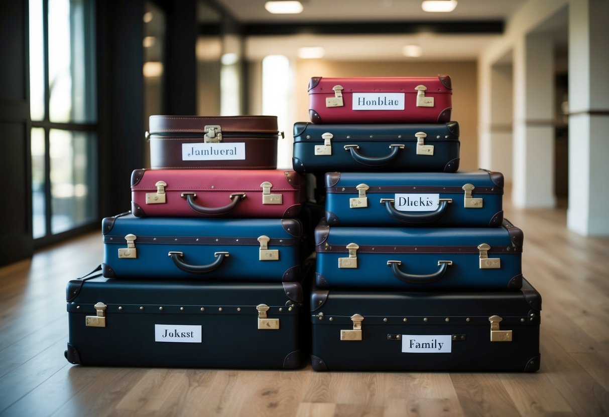 A pile of suitcases and bags, each personalized with labels for different family members