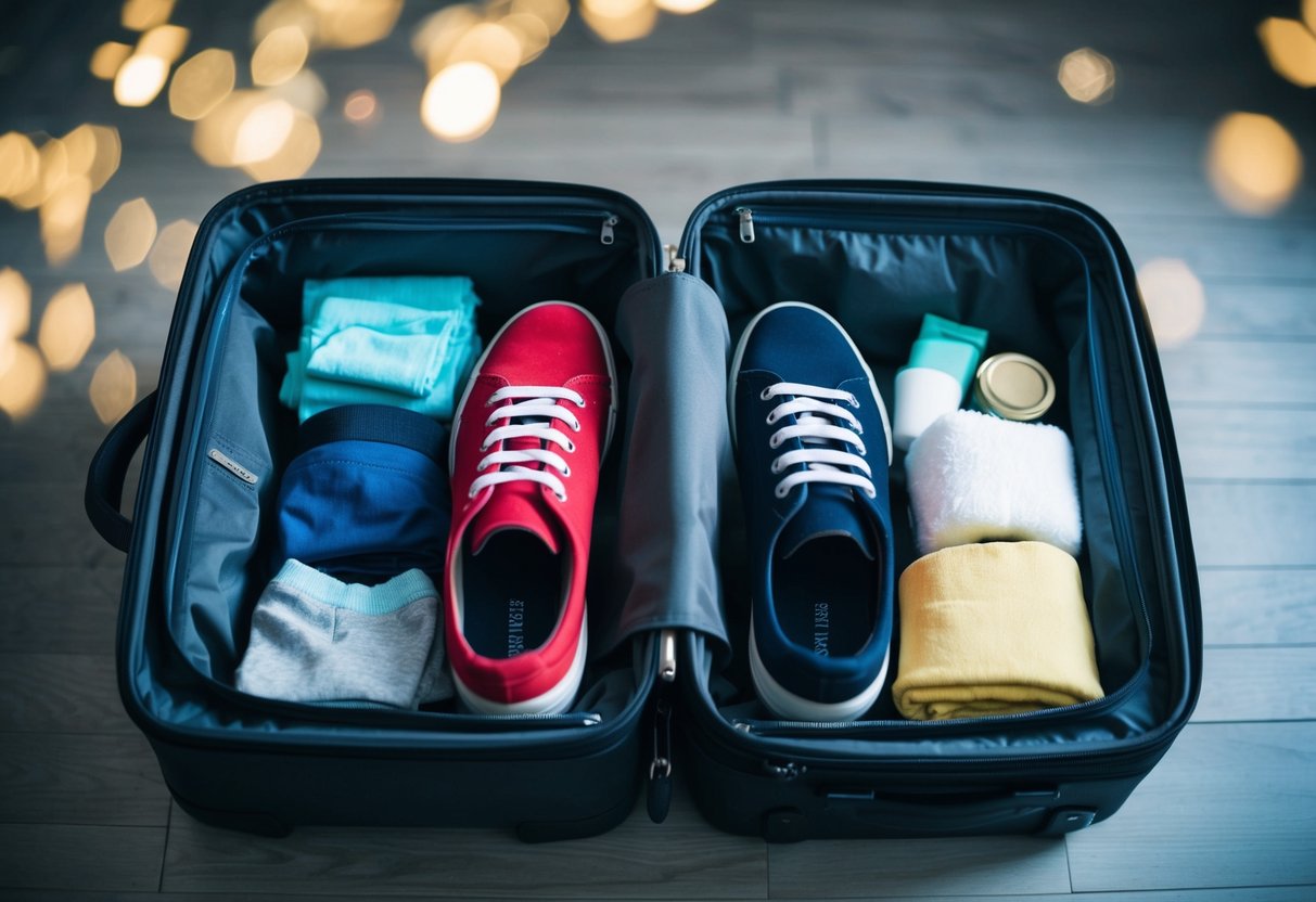 A pair of shoes filled with small items like socks, underwear, and toiletries, neatly packed into a suitcase