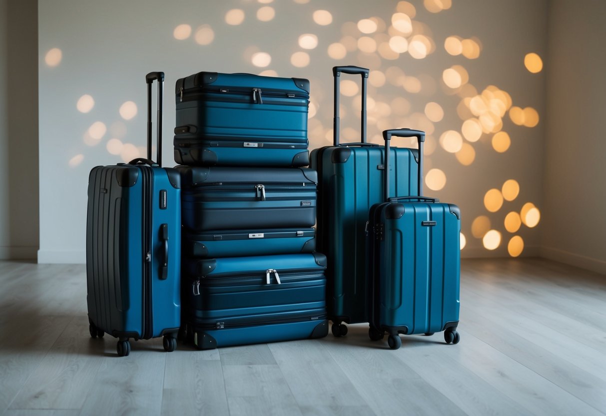 A family's suitcases neatly packed in a compact arrangement, utilizing a consistent color scheme for easy organization