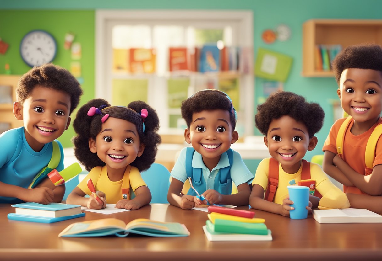 A group of preschoolers learning about dental health with colorful toothbrushes, toothpaste, and smiling cartoon teeth on posters and books