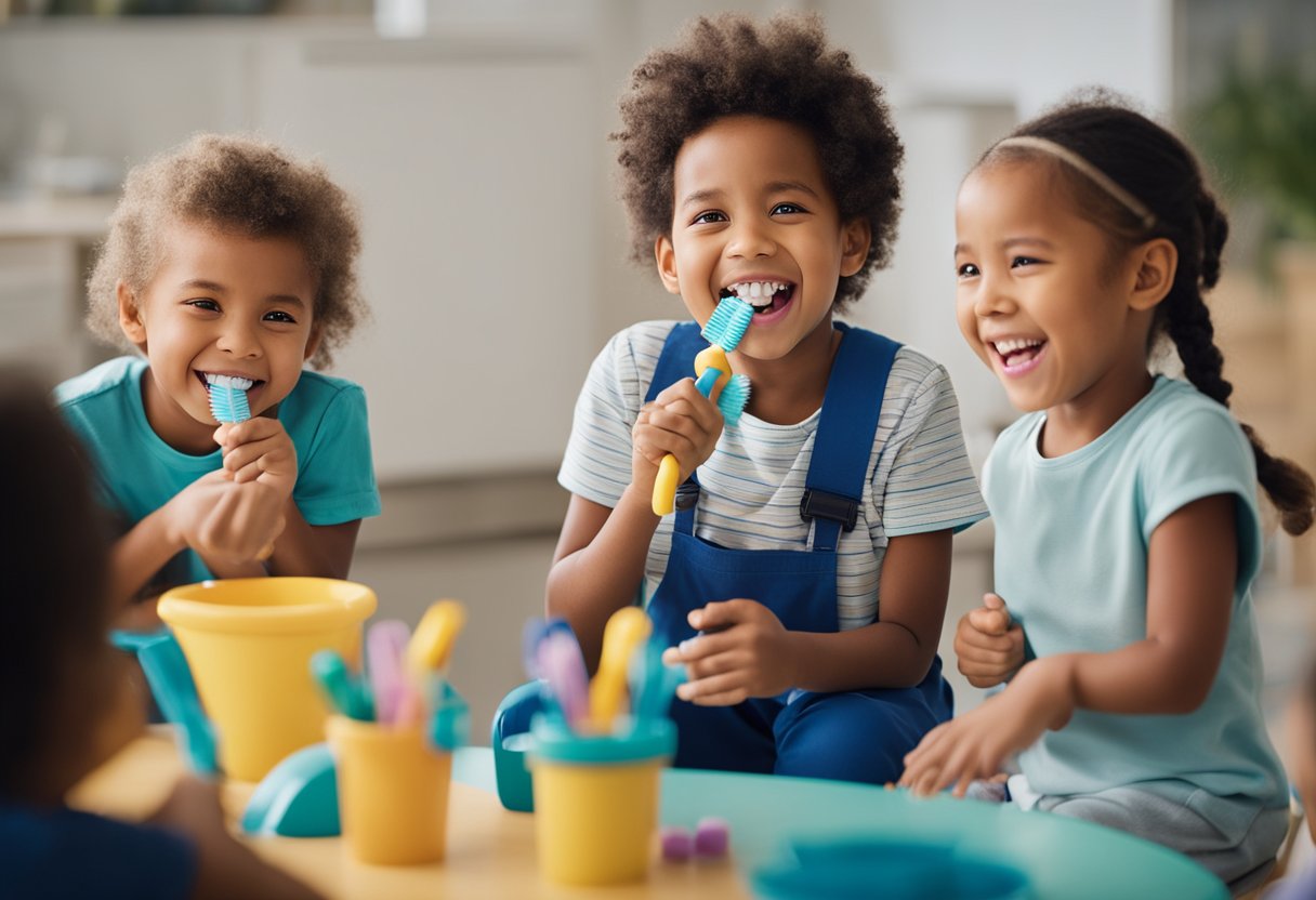 A group of cheerful preschoolers brushing teeth and learning about dental health from a friendly dentist