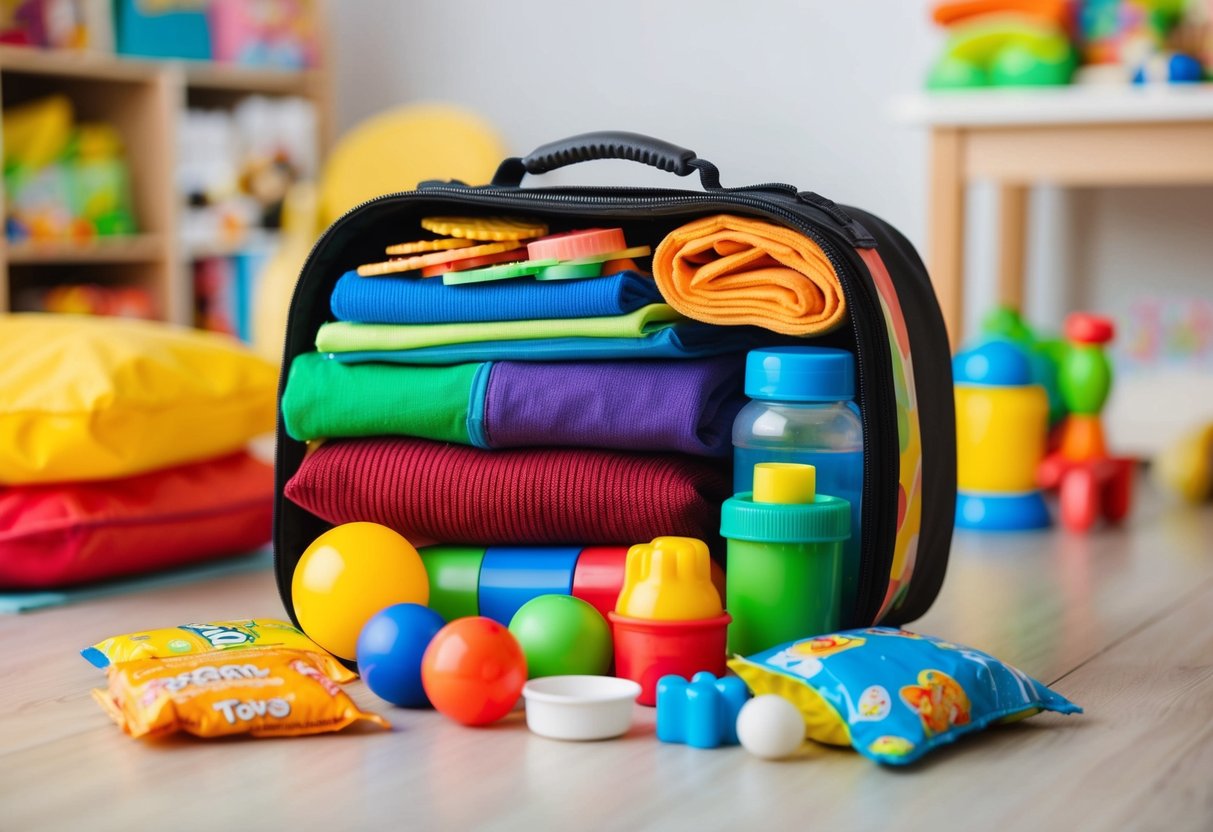 A colorful array of toys, snacks, and clothing neatly packed into a small travel bag, ready for a toddler's adventure