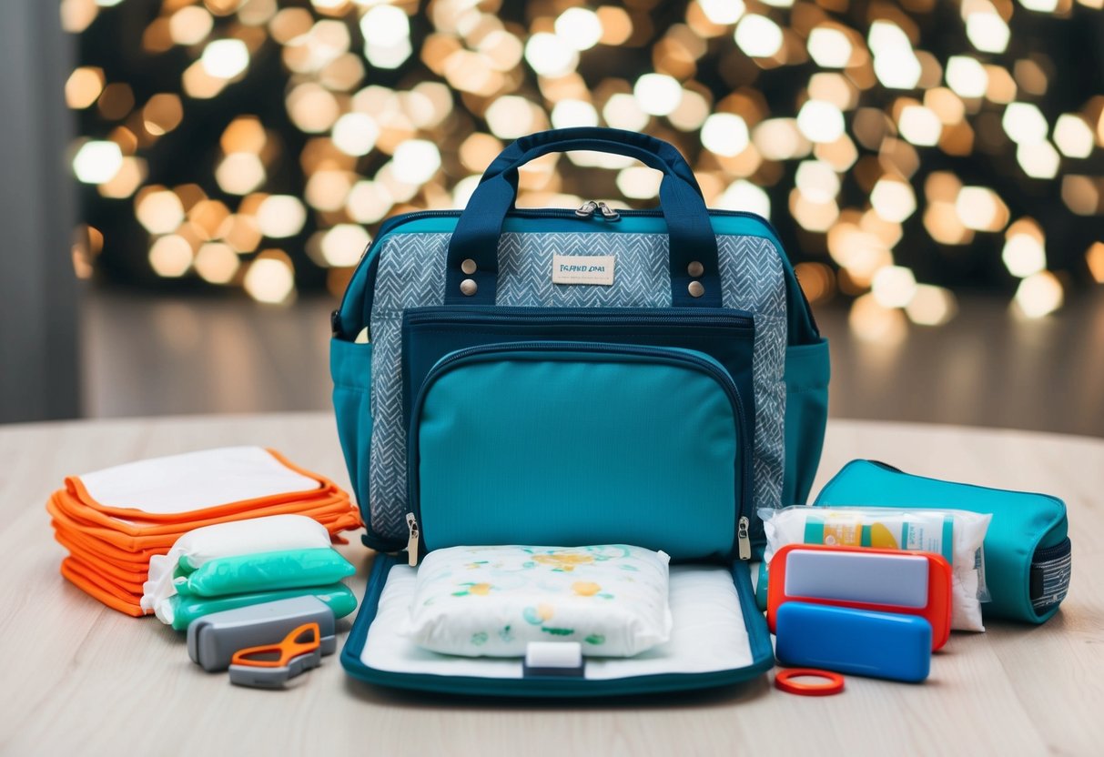 A compact diaper changing kit surrounded by neatly packed travel essentials for toddlers