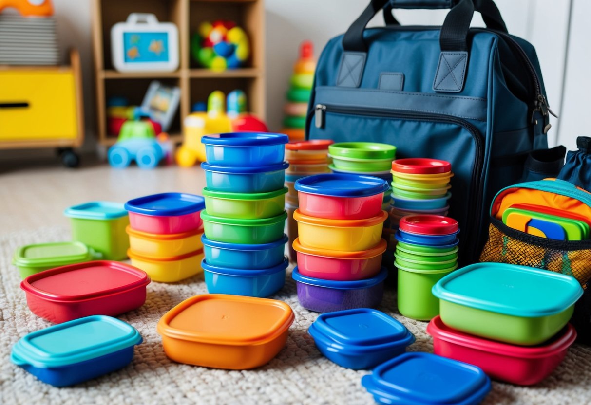 A colorful array of leak-proof snack containers arranged neatly in a travel bag, surrounded by toys and essentials for toddlers