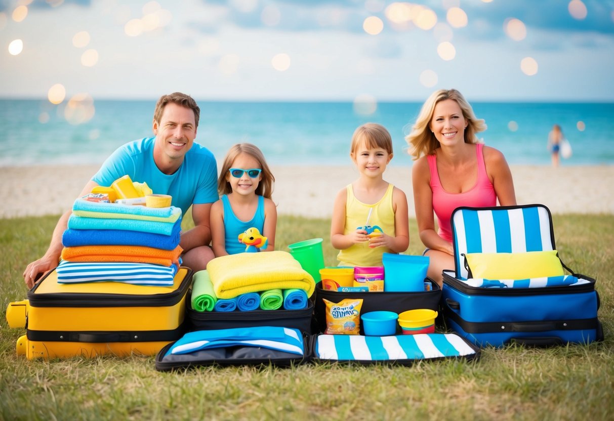 A family of four packs for a beach trip: sunscreen, towels, toys, snacks, and beach chairs are neatly arranged in suitcases and bags