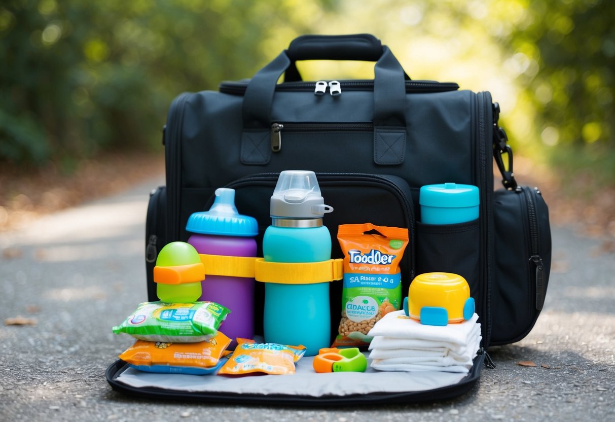 A travel bag filled with toddler essentials, including a collapsible silicone bottle, snacks, toys, and diapers, neatly organized and ready for an adventure