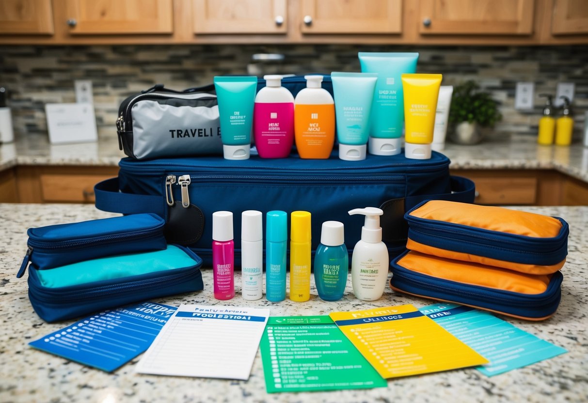 A variety of travel-sized toiletries neatly arranged on a countertop, surrounded by different packing checklists for various types of family trips