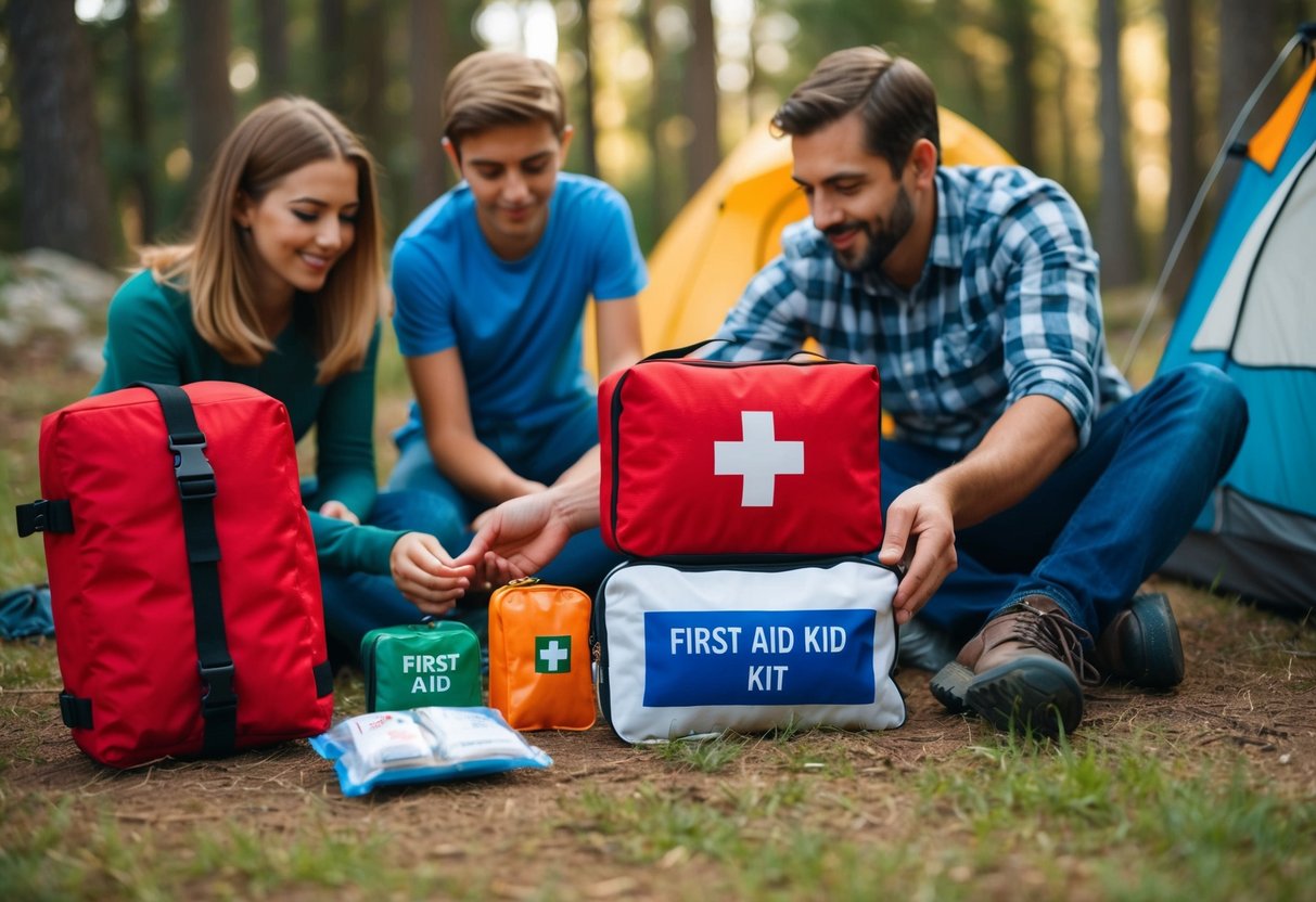 A family unpacks a portable first aid kit for a camping trip