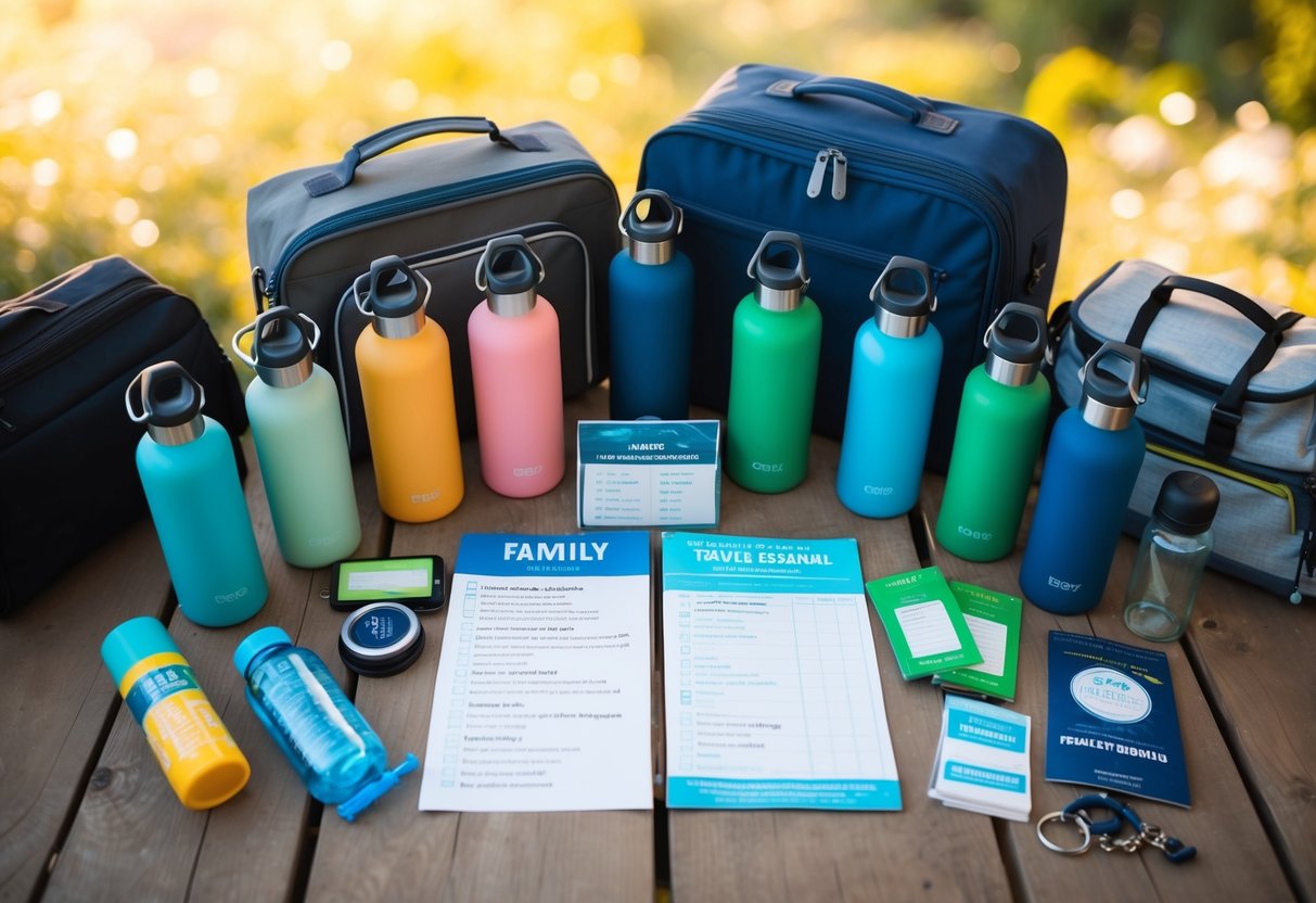 A family's travel essentials laid out: 10 reusable water bottles, packing checklists, and various items for different types of trips