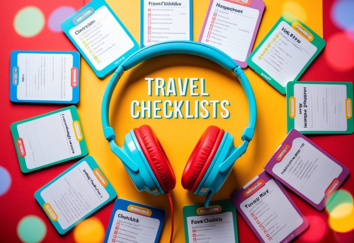 Colorful kid-friendly headphones arranged with 10 different travel checklists in a playful and organized manner