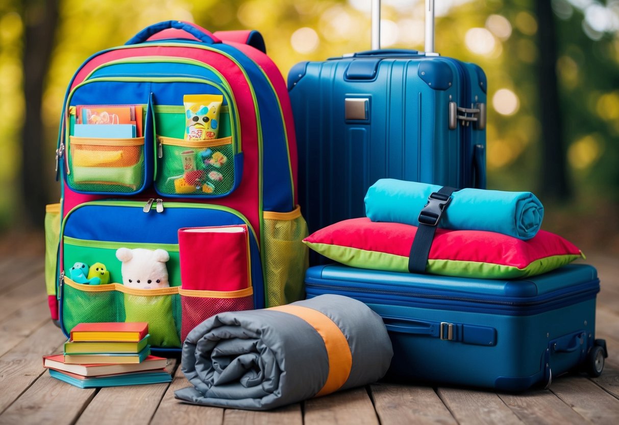 A colorful backpack with compartments for clothes, toys, snacks, and books sits next to a neatly packed suitcase. A travel pillow and blanket are rolled up and secured with a strap