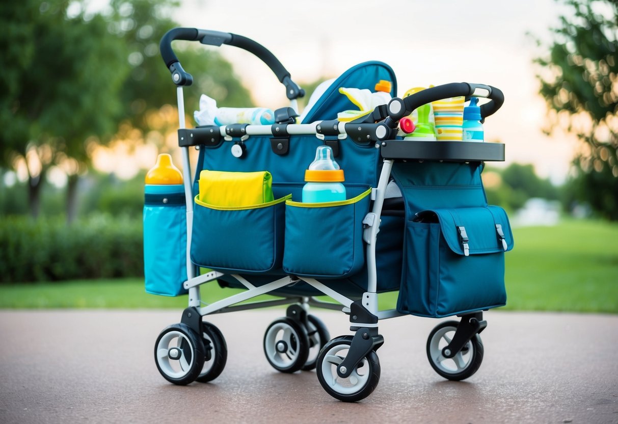 A foldable baby stroller with compartments for diapers, wipes, bottles, snacks, toys, and a built-in organizer for parents' essentials