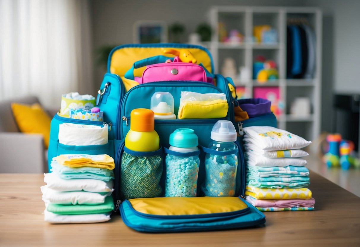 A colorful diaper bag with multiple compartments and pockets, filled with diapers, wipes, bottles, toys, and clothing, organized for travel